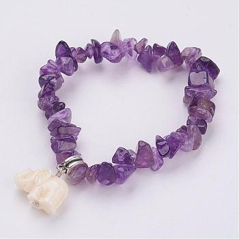 Resin Elephant Charm Bracelets, with Natural Amethyst Chips, 2 inch(51mm)