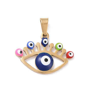 Vacuum Plating 304 Stainless Steel Enamel Pendants, Golden, Hollow, Eye with Evil Eye, Colorful, 16x22x3mm, Hole: 5x3mm