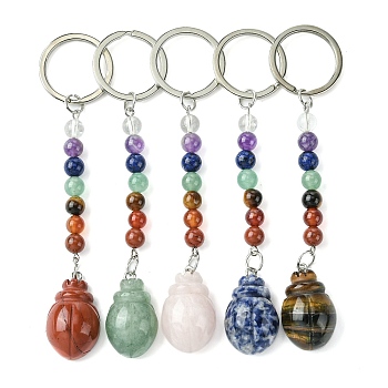 Beetle Natural Gemstone Keychain, with 7 Chakra Beads and Iron Key Rings, for Women Men Hanging Car Bag Charms, 10.9~11cm