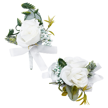 2Pcs 2 Style Silk Cloth Rose Flower Boutonniere Brooch & Wrist Corsage, for Wedding, Party Decorations, White, 95~118x67~112x45mm, 1pc/style
