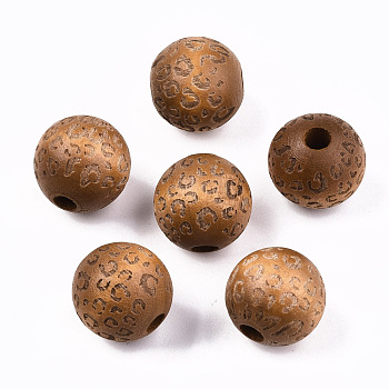 Painted Natural Wood Beads, Laser Engraved Pattern, Round with Leopard Print, Saddle Brown, 15~16x15mm, Hole: 4mm
