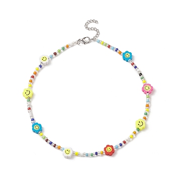 Glass Seed Bead Beaded Necklaces, Flower with Smile Face Handmade Polymer Clay Bead Necklace for Women, Colorful, 14.29 inch(36.3cm), 3~9mm