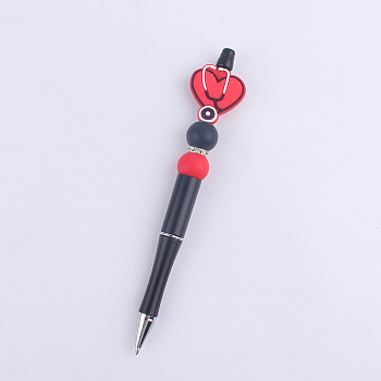 Medical Theme Plastic Ball-Point Pen, Beadable Pen, for DIY Personalized Pen, Heart with Stethoscope, Red, 150mm