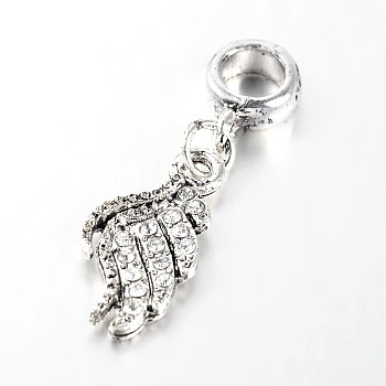 Antique Silver Tone Large Hole Alloy Rhinestone European Dangle Charms, with Wing Pendants, Crystal, 32mm, Hole: 5mm
