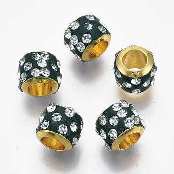 Brass European Beads, with Polymer Clay Rhinestone, Large Hole Beads, Rondelle, Golden, Dark Green, 9x7.5mm, Hole: 4.5mm