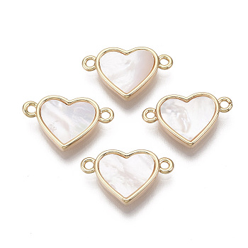 Brass Links, with Freshwater Shell, Nickel Free, Heart, Real 18k Gold Plated, Seashell Color, 10x17x3mm, Hole: 1.2mm