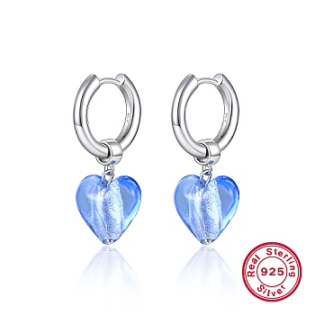 925 Sterling Silver Hoop Earrings, Lampwork Heart Drop Earrings, with 925 Stamp, Silver, 30x16mm