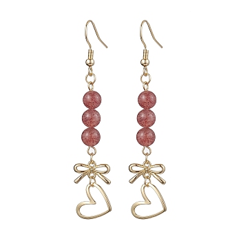 Natural Strawberry Quartz Dangle Earring, with Alloy Links Connectors and 304 Stainless Steel Earring Hooks, Heart, Golden, 67x12mm