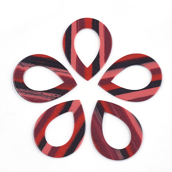 Resin Linking Rings, teardrop, Stripe Pattern, Red, 38x28.5x1.5mm, Inner measure: 15x24mm