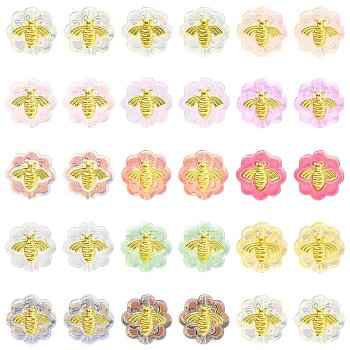 60Pcs 12 Colors Transparent Spray Painted Glass Beads, with Glitter Powder and Golden Plated Brass Findings, Flower with Bees, Mixed Color, 12x12x5mm, Hole: 1mm, 5Pcs/color