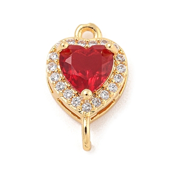 Brass Pave Cubic Zirconia Connector Charms, Heart Links, Golden, Red, 15x9x6mm, Hole: 1.2mm