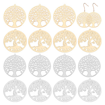30Pcs 5 Style Rack Plating Brass Filigree Pendants, Long-Lasting Plated, Flat Round with Tree of Life Charm, Nickel Free, Mixed Color, 32x30x0.4mm, Hole: 1.1~1.2mm, 6pcs/style