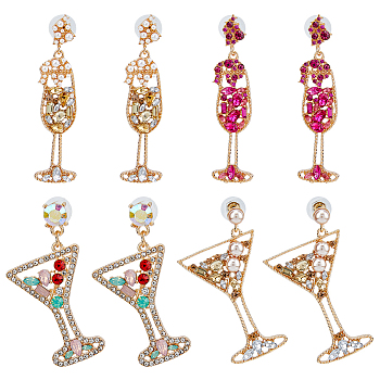4 Pairs 4 Styles Rhinestone & Plastic Pearl Glass Wine Glass Dangle Stud Earrings, Alloy Long Drop Earrings, Golden, 58~68x14.5~31.5mm, 1 Pair/style