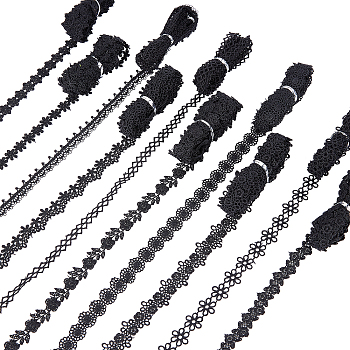 Elite 10 Styles Polyester Lace Cord, Embroidery Ancient Hanfu Lace Ribbon, Black, 3/8~3/4 inch(10~20mm), about 2.8~3 yards, about 2.56~2.74m/style
