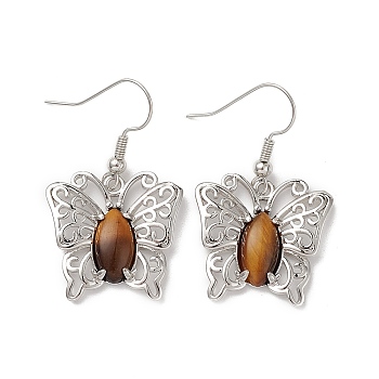 Natural Tiger Eye Butterfly Dangle Earrings for Women, Platinum Brass Jewelry for Women, Cadmium Free & Lead Free, 38mm, Pin: 0.6mm