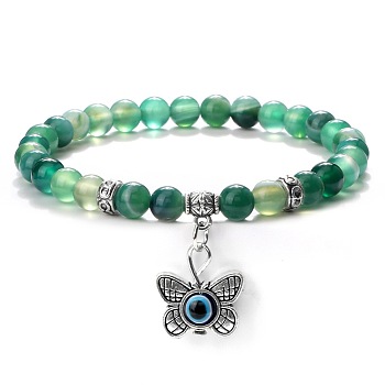 Fashion Natural Banded Agate Beaded Stretch Bracelets, Butterfly with Evil Eye Charms Bracelets for Women