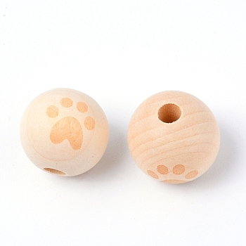 Natural Theaceae Wood Beads, Laser Engraved, Round with Paw Print Pattern, BurlyWood, 19.5mm, Hole: 5mm