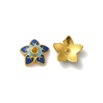 Alloy Enamel Beads Caps, Lead Free & Cadmium Free, Multi-Petal Flower, Blue, 13x3.5mm, Hole: 1.5mm