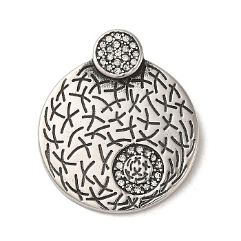 304 Stainless Steel Pendants, with Clear Cubic Zirconia, Textured, Flat Round Charm, Antique Silver, 34.5x29.5x8mm, Hole: 5.5x4.5mm