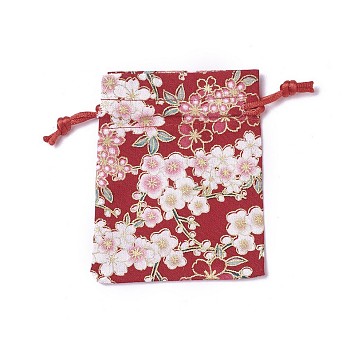 Burlap Packing Pouches, Drawstring Bags, Rectangle with Flower Pattern, Red, 10~10.5x8~8.3cm