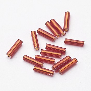 Glass Bugle Beads, Silver Lined, Indian Red, 6~8x1.8mm, Hole: 0.6mm, 1250pcs/50g