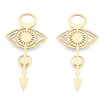 201 Stainless Steel Pendants, Eye with Arrow Charm, Real 18K Gold Plated, 42.5x22x1mm, Hole: 5x7mm