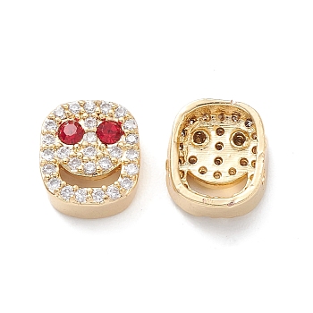 Brass Micro Pave Cubic Zirconia Beads, Lead Free & Cadmium Free, Long-Lasting Plated, Real 18K Gold Plated, Oval with Smiling Face, Crimson, 9x8x4mm, Hole: 1mm