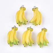 Resin Pendants, with Platinum Tone Iron Findings, Imitation Food, Banana, Yellow, 33~34x19x15mm, Hole: 2mm(RESI-T028-46)