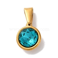 PVD Vacuum Plating 304 Stainless Steel Pendants, with Rhinestone, Flat Round, Golden, Blue Zircon, 12.5x10.5x5mm, Hole: 7x3.5mm(STAS-C107-04G-07)