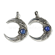 Natural Lapis Lazuli Pendants, Alloy Flower Crescent Moon Charms, Antique Silver, 43.5x35.5x8.5mm, Hole: 8x7mm(G-P547-04AS-08)