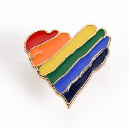Alloy Enamel Brooches, Enamel Pins, with Brass Butterfly Clutches, Rainbow Heart, Cadmium Free & Nickel Free & Lead Free, Light Gold, Colorful, 7/8x1 inch(23.5x24.5mm), Pin: 1mm(JEWB-S011-111-NR)