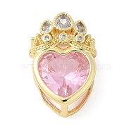 Brass Micro Pave Cubic Zirconia Beads, Heart with Crown, Rack Plating, Long-Lasting Plated, Lead Free & Cadmium Free, Real 18K Gold Plated, Pink, 18.5x12.5x6.5mm, Hole: 3x2.5mm(KK-K298-05G-01)