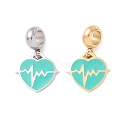 304 Stainless Steel European Dangle Charms, Large Hole Pendants, with Enamel, Golden & Stainless Steel Color, Heart & Heartbeat, Turquoise, 22.5mm, Hole: 4.5mm(STAS-I192-13-01)