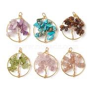 6Pcs 6 Styles Natural Mixed Gemstone Chip Pendants, Golden Plated Brass Tree of Life Charms, 28x24~25x4~5mm, Hole: 3.3mm, 1pc/style(PALLOY-JF02595)