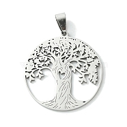 201 Stainless Steel Pendants, Flat Round with Tree of Life Charm, Stainless Steel Color, 38x34.5x1.5mm, Hole: 8x4mm(STAS-U003-21A-P)