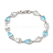 Glass Teardrop with Cubic Zirconia Link Chain Bracelet, Brass Bracelet, Lead Free & Cadmium Free, Platinum, 7-1/4 inch(18.5cm)(BJEW-M296-04P)