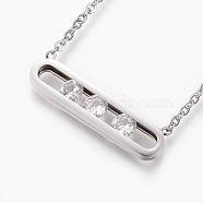 304 Stainless Steel Pendant Necklaces, with Cubic Zirconia and Lobster Claw Clasps, Cable Chains, Rectangle, Stainless Steel Color, 17.3 inch(44cm)(NJEW-P206-20P)