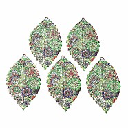 430 Stainless Steel Big Pendants, Spray Painted, Etched Metal Embellishments, with Flower Pattern, Leaf, Lime Green, 54.5x32x0.6mm, Hole: 1.5mm(STAS-T061-20-B01)