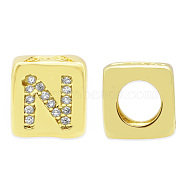 Brass Micro Pave Clear Cubic Zirconia European Beads, Cube with Letter, Letter.N, 8.5x8.5x8.5mm, Hole: 5mm, 3pcs/bag(KK-T030-LA842-NX3)