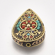 Handmade Indonesia Beads, with Brass Findings, Teardrop, Golden, Red, 48~49x29.5~30x10~11mm, Hole: 2mm(IPDL-S053-171B)