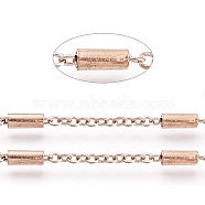 Ion Plating(IP) 304 Stainless Steel Cable Chains, with Tube Beads, Soldered, with Spool, Flat Oval, Rose Gold, Tube Beads: 54x28mm, link: 2~5.5x1.5~2mm, about 32.8 Feet(10m)/roll(CHS-D029-01RG)
