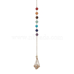 Chakra Mixed Synthetic & Natural Round Gemstone Pointed Dowsing Pendulums, Brass Macrame Pouch Stone Holder, Golden, 264mm(PALLOY-JF02520-02)