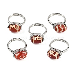 Oval Dyed & Heated Tibetan Style dZi  Natural Agate Adjustable Rings, Platinum Plated Brass Ring for Unisex, Mixed Pattern, Chocolate, Inner Diameter: 17mm(RJEW-C087-04P-04)