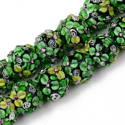 Handmade Lampwork Beads Strands, Bumpy, Round with Flower, Medium Sea Green, 15~17.5x13~16mm, Hole: 0.9~1.2mm, about 30pcs/strand, 16.54 inch(42cm)(LAMP-N021-015B-01)