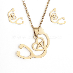 304 Stainless Steel Jewelry Sets, Pendant Necklaces and Stud Earrings, with Cable Chains, Earring Backs and Lobster Claw Clasps, Stethoscope, Golden, 17.7 inch(45cm), 6x10.5x1mm, Pin: 0.8mm(X-SJEW-D094-09G)