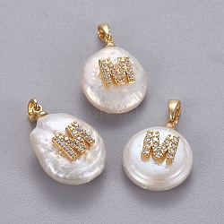 Natural Cultured Freshwater Pearl Pendants, with Brass Micro Pave Cubic Zirconia Findings, Nuggets with Letter, Long-Lasting Plated, Golden, Clear, Letter.M, 17~27x12~16x6~12mm, Hole: 4x2.5mm(X-KK-L187-A-01M)