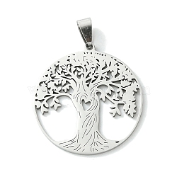 Non-Tarnish 201 Stainless Steel Pendants, Flat Round with Tree of Life Charm, Stainless Steel Color, 38x34.5x1.5mm, Hole: 8x4mm(STAS-U003-21A-P)