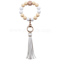 Silicone Round Beaded Keychain Wristlet, Tassel Keychains, with Alloy Keychain Clasps Finding, Moccasin, Inner Diameter: 62mm(AJEW-WH0258-895A)