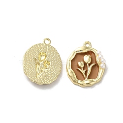 Alloy Enamel Pandants, with ABS Plastic Imitation Pearl, Lead Free & Cadmium Free, Light Gold, Oval with Flower, Brown, 23.5x19x4.5mm, Hole: 1.8mm(ENAM-K067-083G-05)