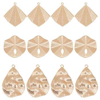 12Pcs 3 Styles Brass Textured Pendants, Crinkle, Nickel Free, Rhombus/Polygon/Teardrop, Real 18K Gold Plated, 30~34x21~28x2~3mm, Hole: 1.4~1.8mm, 4pcs/style